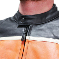 Dabīgas ādas moto jaka ar aizsargiem. Melna ar oranžu